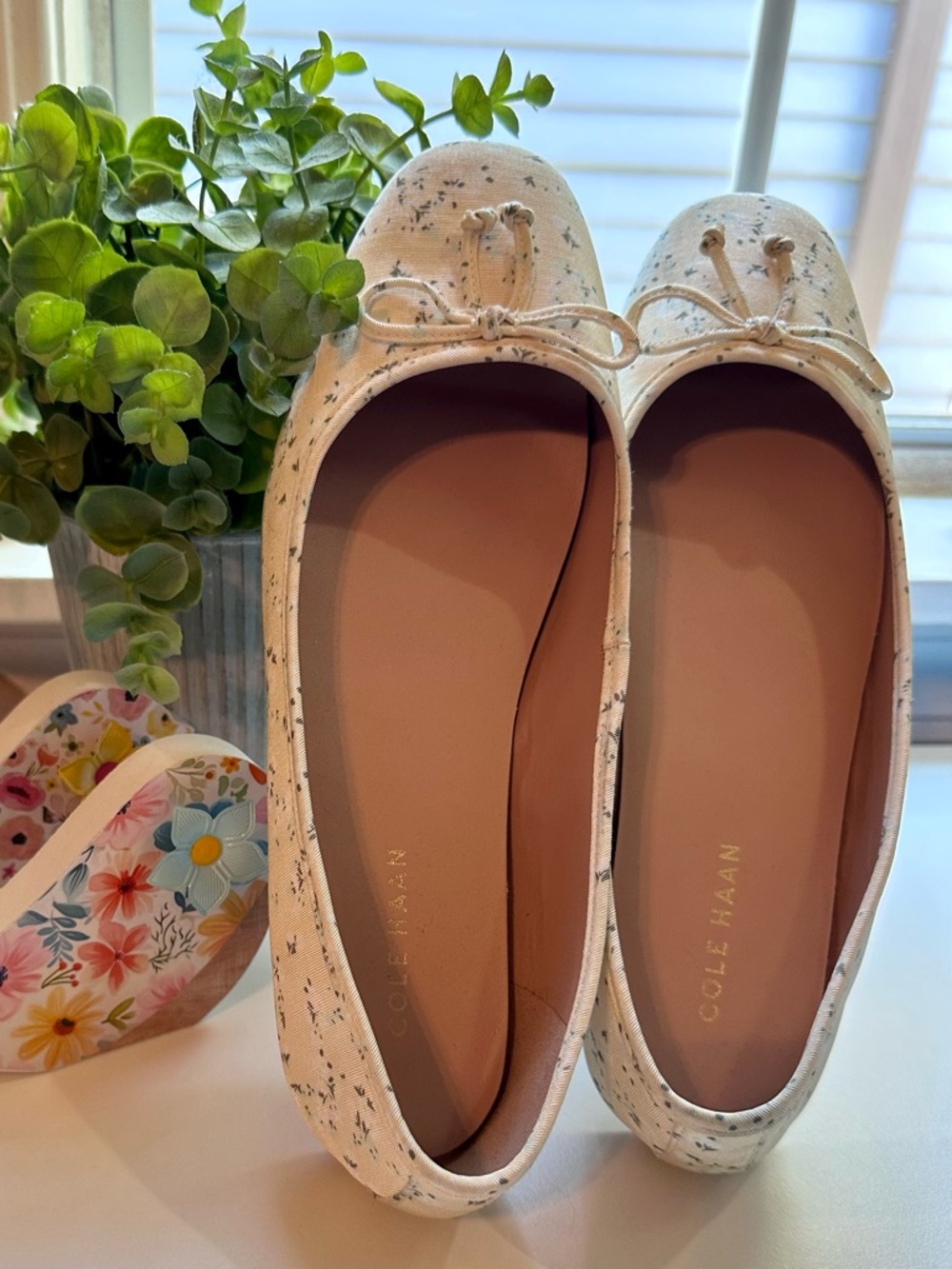 Cole Haan Ivory Speckled Ballet Flats with Bow